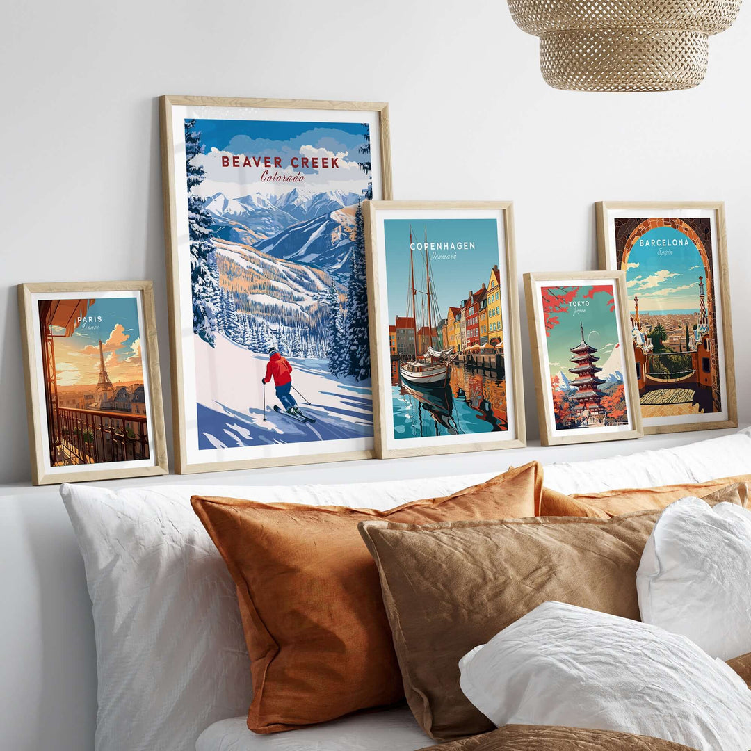 Beaver Creek Colorado downhill skier poster and travel art displayed on a cozy bed with decorative pillows