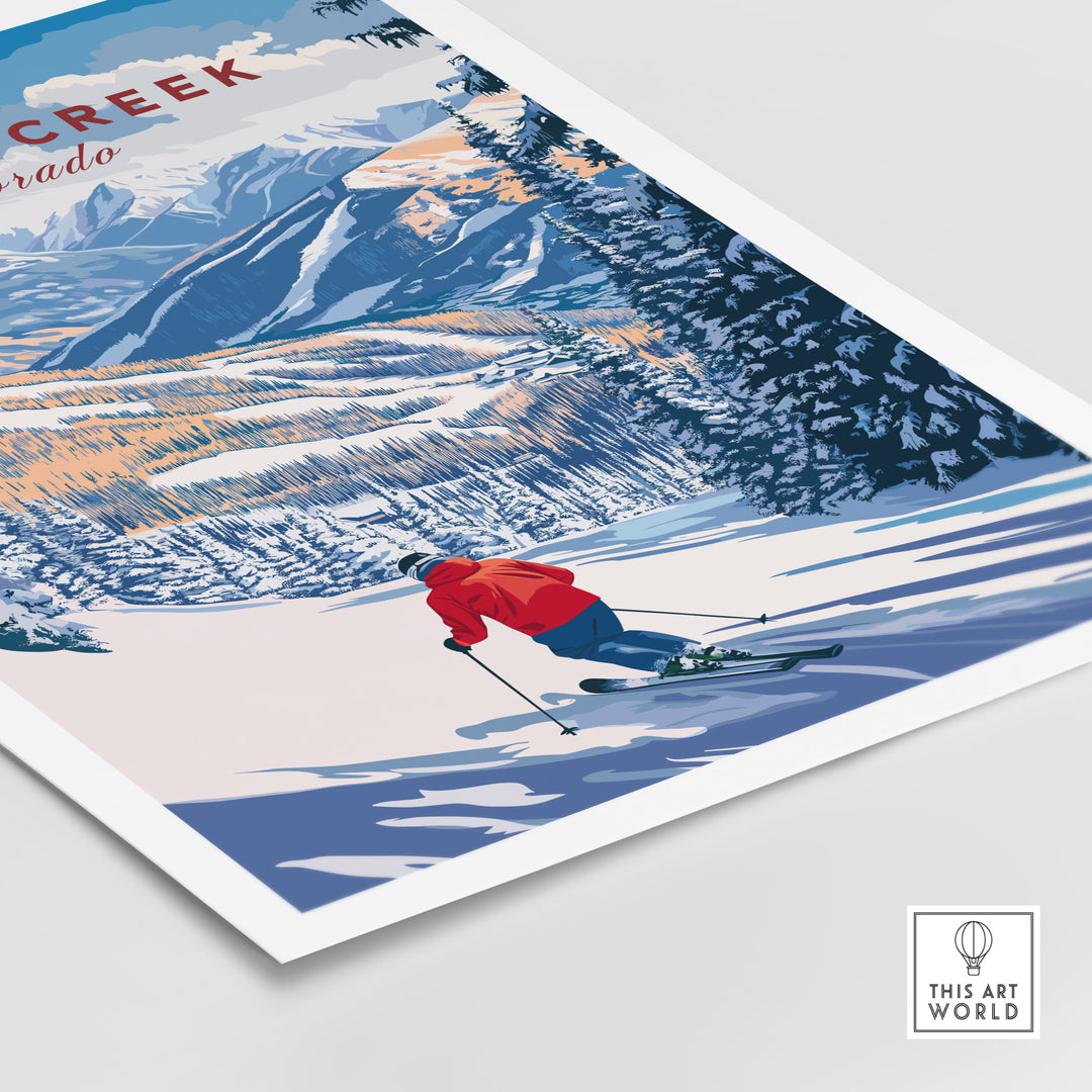 Beaver Creek Colorado downhill skier poster, vibrant winter sports wall art showcasing skiing in snowy mountains.