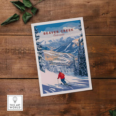 Beaver Creek Colorado Downhill Skier Poster - Winter Sports Wall Art showcasing a skier on snowy slopes with mountains.