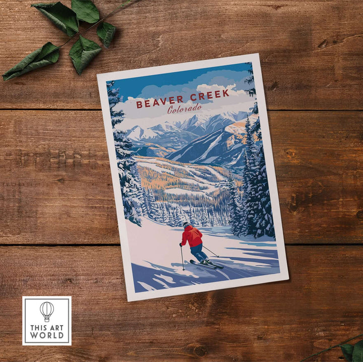 Beaver Creek Colorado downhill skier poster showcasing winter sports and alpine scenery on a wooden table.