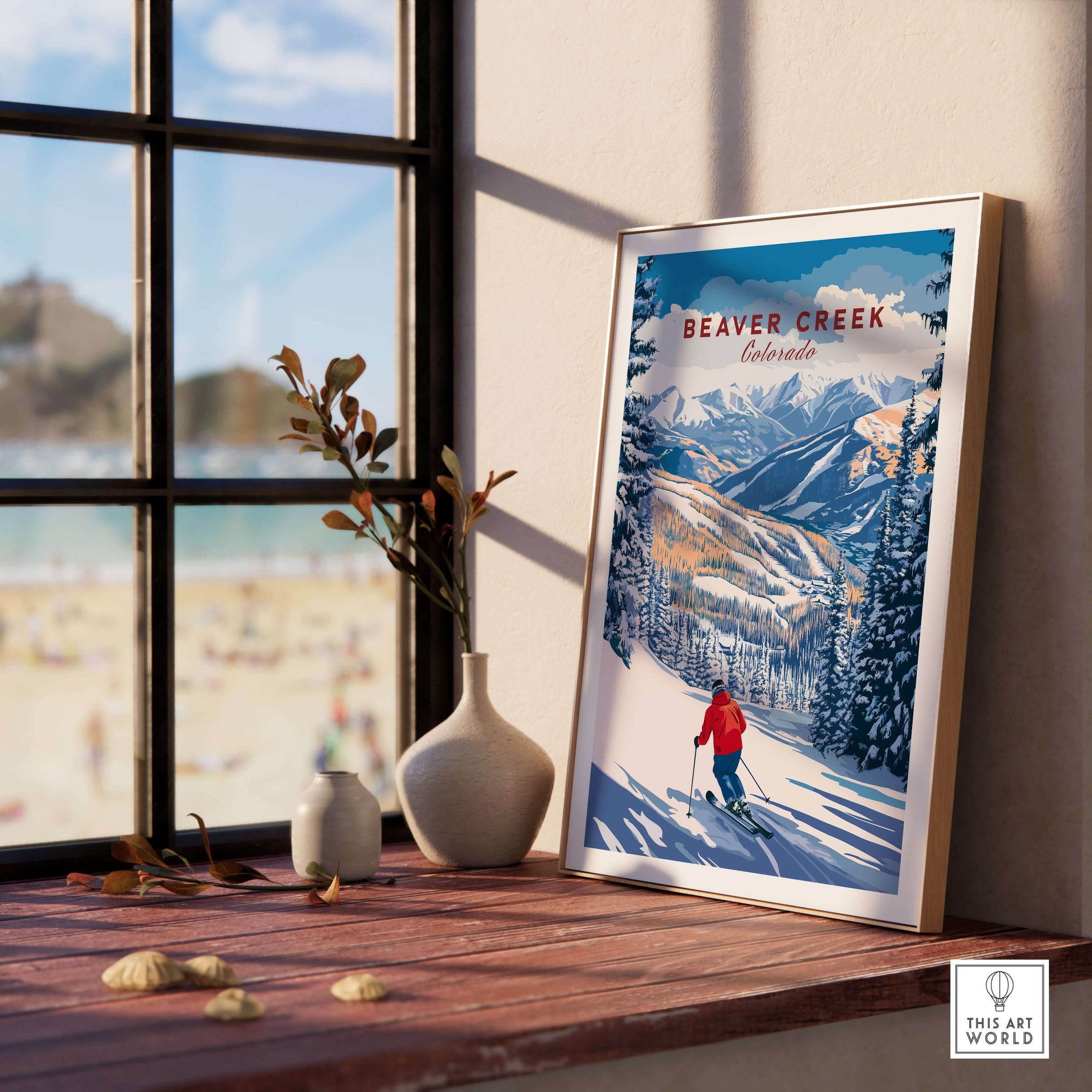 Beaver Creek Colorado Downhill Skier Poster - Winter Sports Wall Art displayed in a cozy interior setting with mountain view.