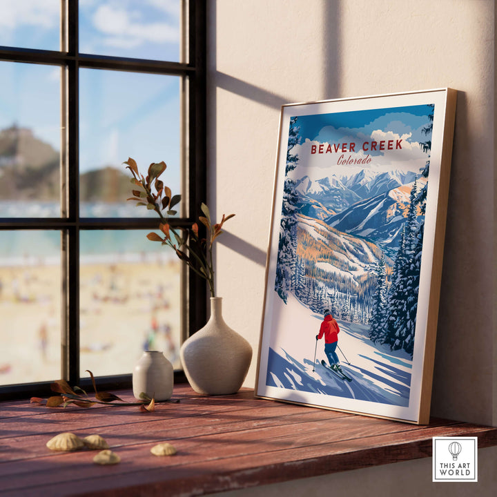 Beaver Creek Colorado downhill skier poster framed on a windowsill, showcasing winter sports art and alpine scenery.
