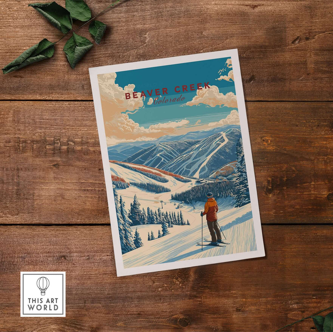 Beaver Creek Colorado mountain view ski print featuring scenic slopes and a skier on snowy trails.