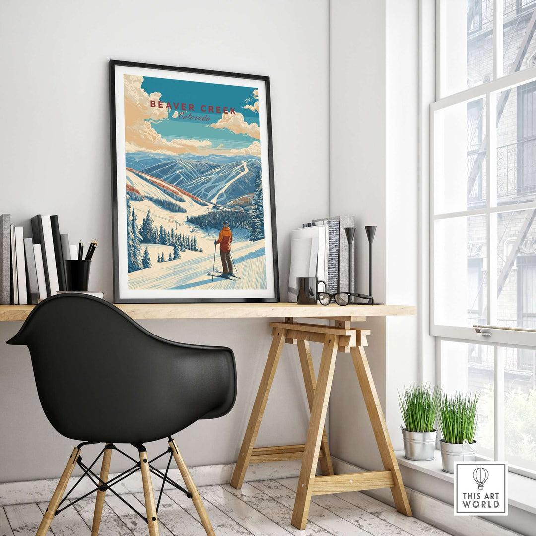 Beaver Creek Colorado mountain view ski print in a stylish office setting with modern decor.