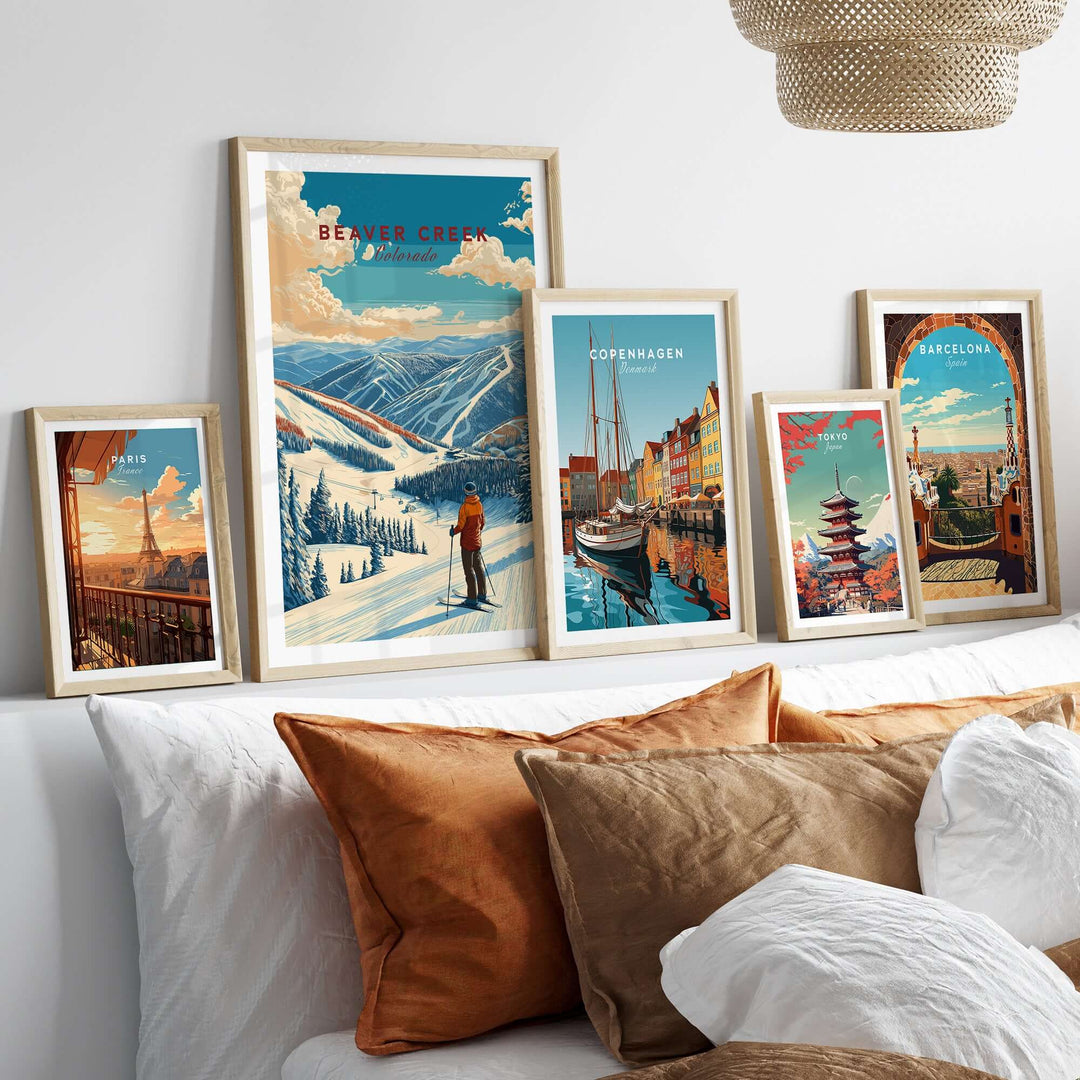 Beaver Creek Colorado mountain view ski print among other scenic wall art pieces in a cozy home setting.