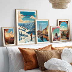 Beaver Creek Colorado Mountain View Ski Print - Scenic Slope Wall Art displayed on a modern wall above a cozy bed.