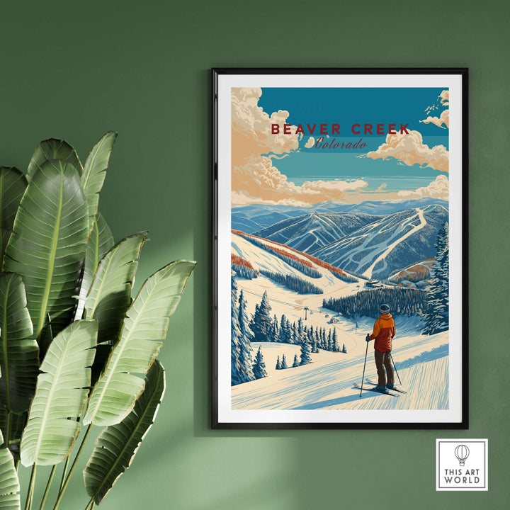 Beaver Creek Colorado ski print wall art featuring a skier on snowy slopes with majestic mountain views.