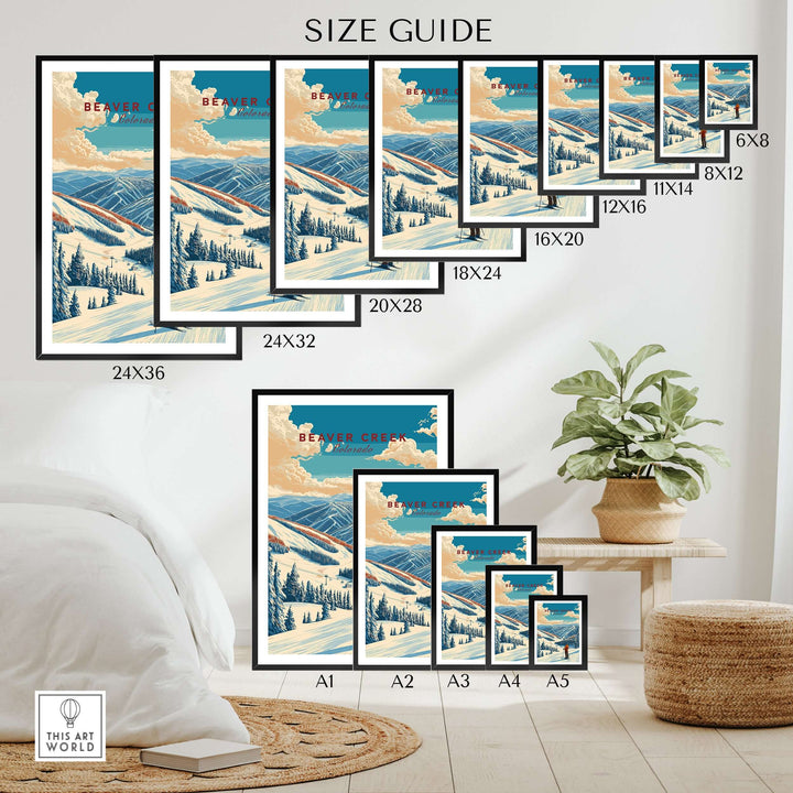 Size guide for Beaver Creek Colorado ski print wall art showcasing available frame sizes and artwork design.