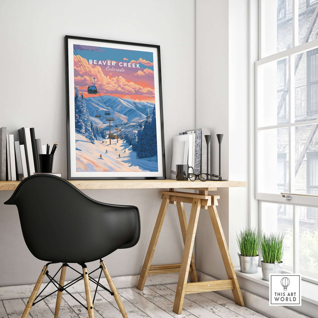 Beaver Creek Colorado ski lift sunset print framed in a modern interior, showcasing winter landscape art.