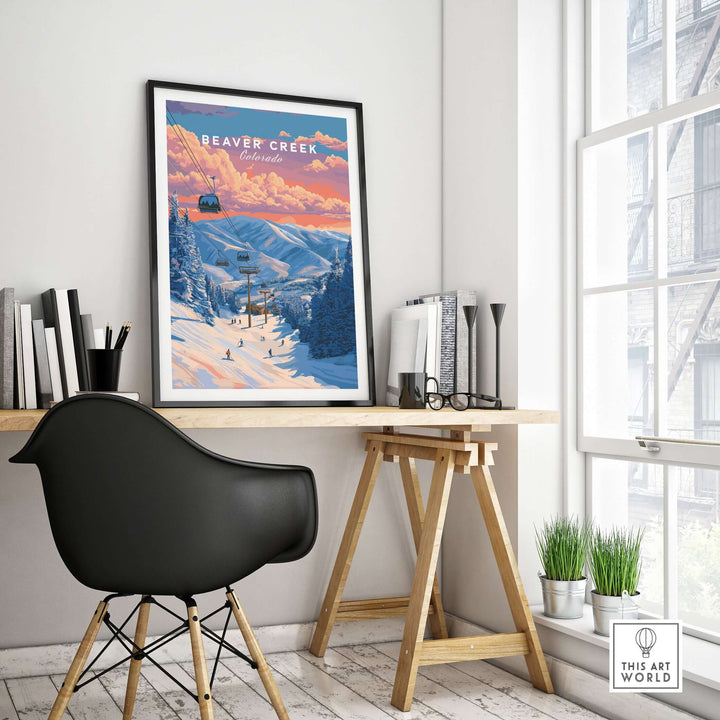 Beaver Creek Colorado ski lift sunset print framed in a modern interior, showcasing winter landscape art.