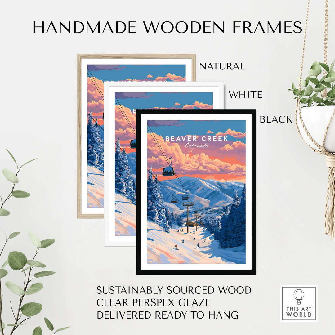 Handmade wooden frames in natural, white, and black for Beaver Creek sunset ski lift wall art.