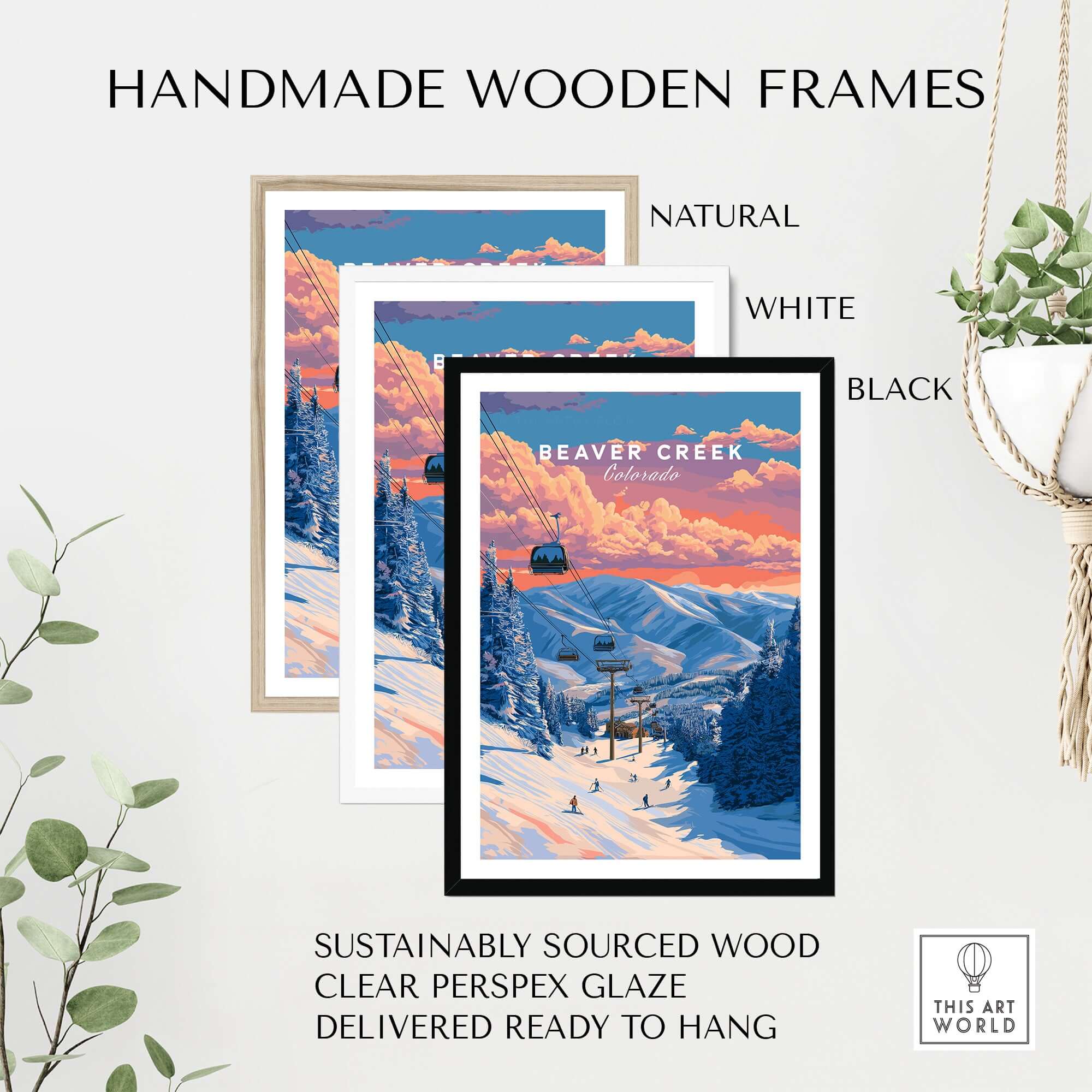 Beaver Creek Colorado Ski Lift Sunset Print - Mountain Gondola Wall Art displayed in handmade wooden frames.