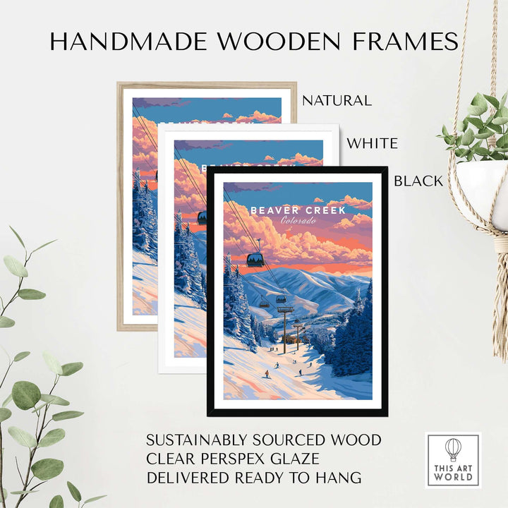 Handmade wooden frames in natural, white, and black for Beaver Creek sunset ski lift wall art.