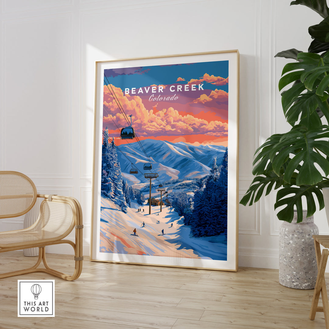 Beaver Creek Colorado ski lift sunset wall art poster featuring gondolas and snowy mountain landscape.