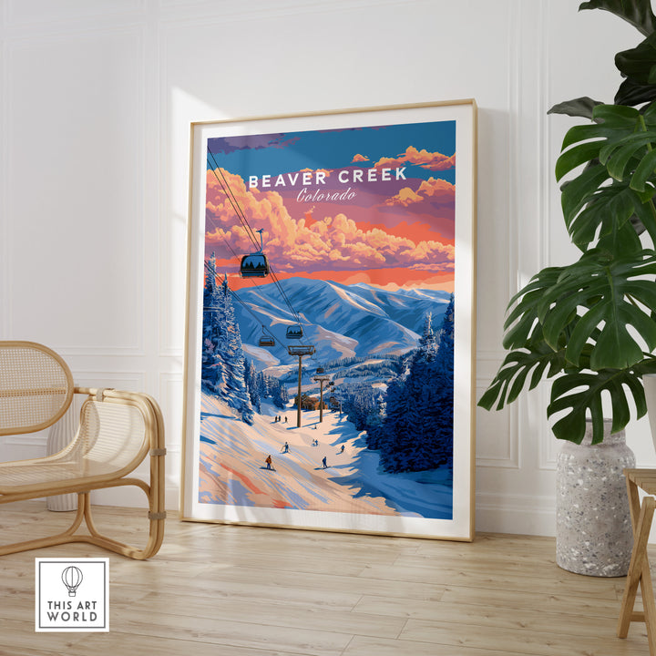 Beaver Creek Colorado ski lift sunset wall art poster featuring gondolas and snowy mountain landscape.