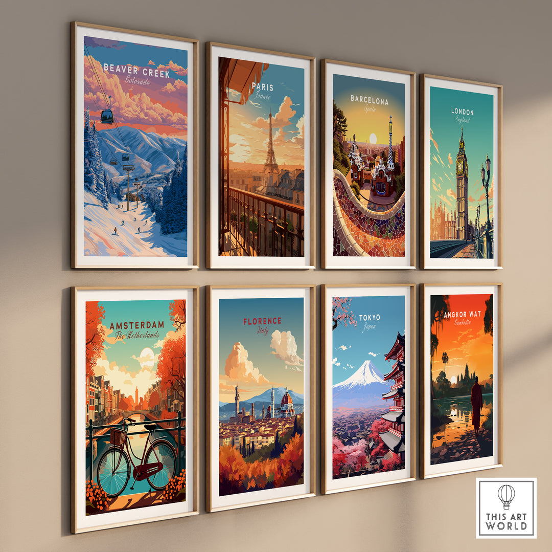 Gallery of vibrant travel posters including Beaver Creek, Paris, and Tokyo, showcasing iconic landmarks and scenic views.