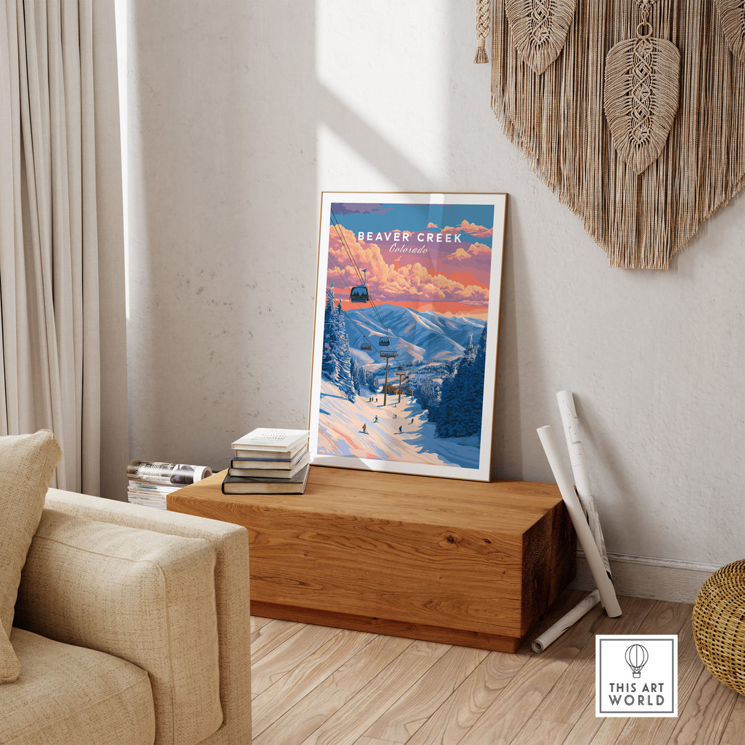 Beaver Creek Colorado ski lift sunset print displayed in a cozy living room setting, showcasing mountain village wall art.