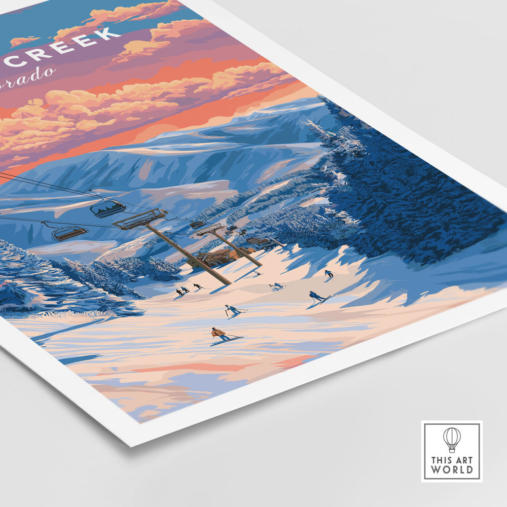 Beaver Creek Colorado ski lift sunset print featuring gondola and snowy slopes, perfect mountain village wall art.