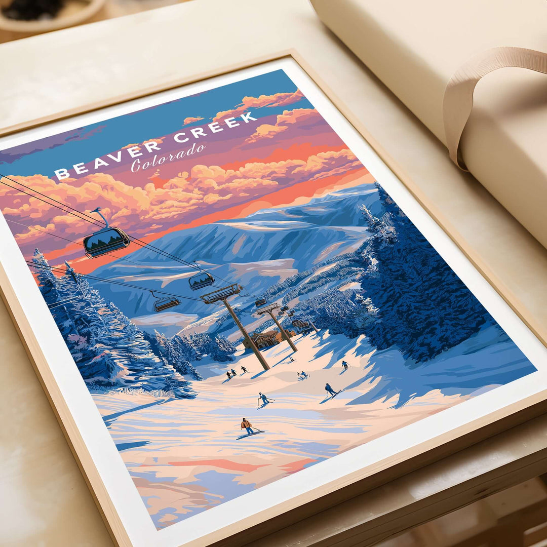 Beaver Creek Colorado ski lift sunset print showcasing mountain gondola and skiers in winter landscape.