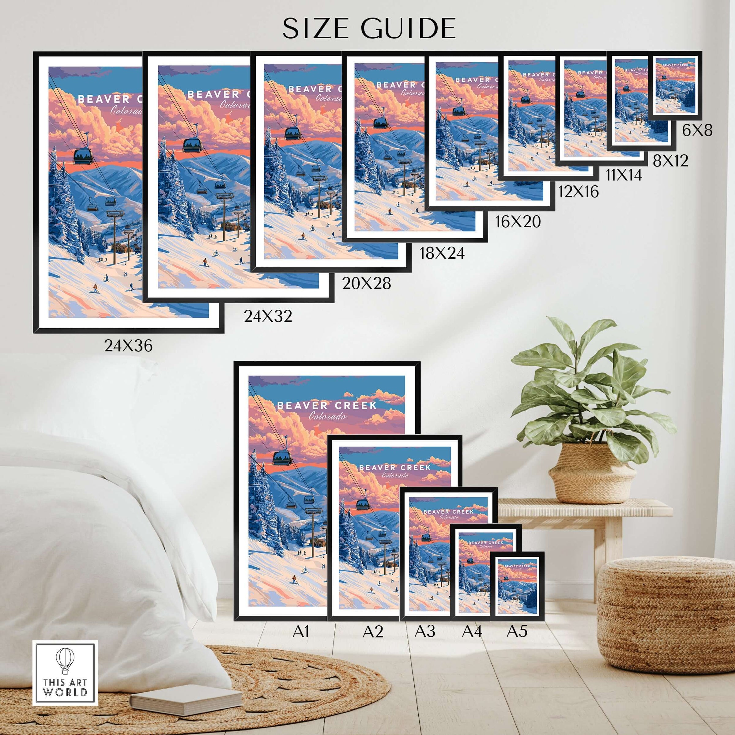 Beaver Creek Colorado Ski Lift Sunset Print - Mountain Gondola Wall Art size guide displaying various frame sizes in a living room.
