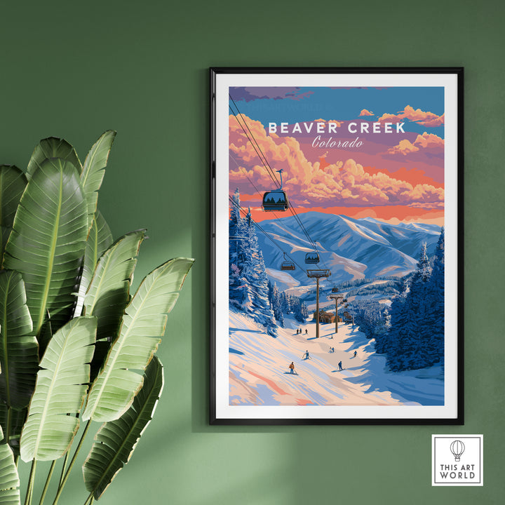 Beaver Creek Colorado ski lift sunset print showcasing gondolas and snowy mountains, perfect wall art for winter lovers.