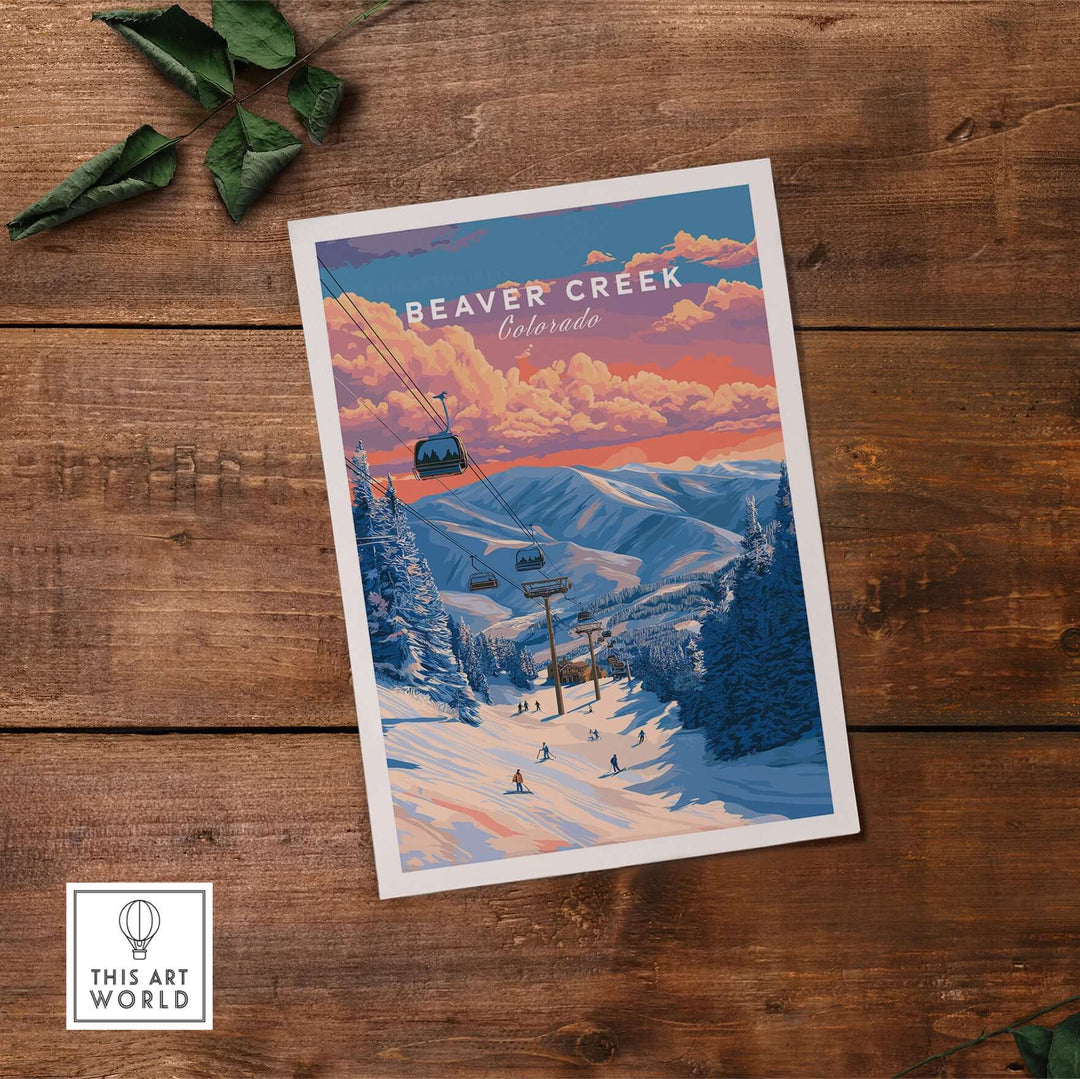 Beaver Creek Colorado ski lift sunset print showcasing mountain village wall art and snowy slopes.