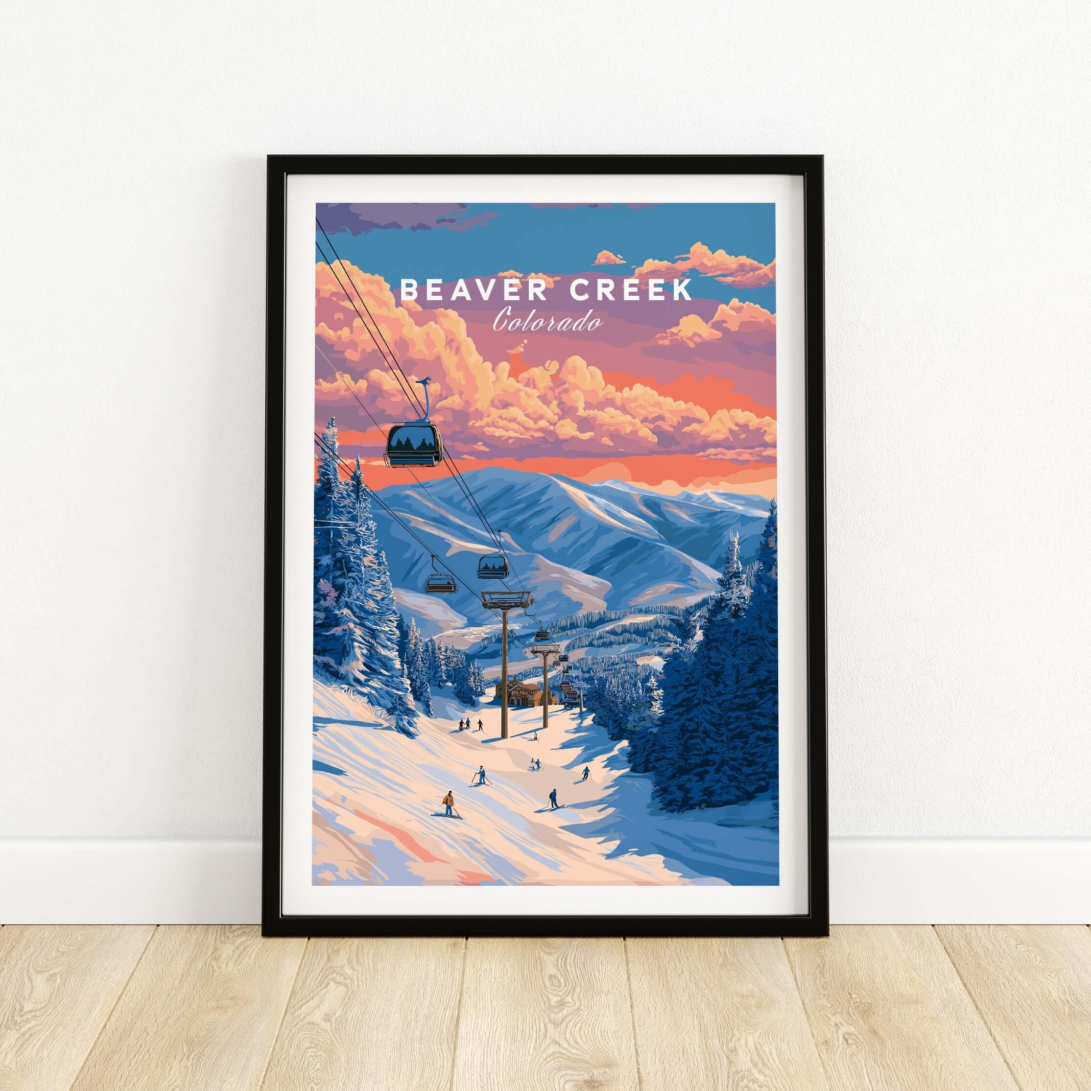 Beaver Creek Colorado Ski Lift Sunset Print - Mountain Gondola Wall Art featuring scenic ski slopes and vibrant sunset.