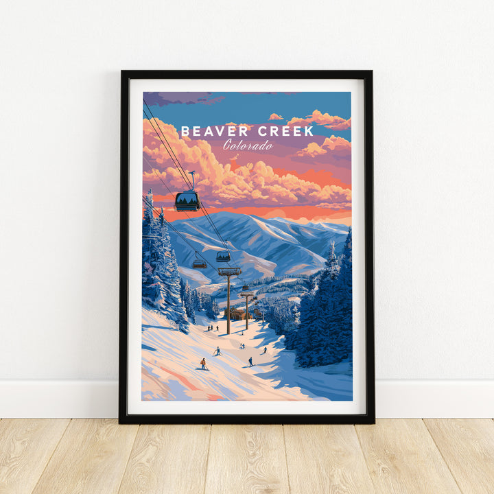 Beaver Creek Colorado ski lift sunset print showcasing scenic mountains and winter sports.