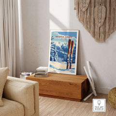 Beaver Creek Colorado Ski Poster - Rocky Mountain Winter Art Print displayed in a cozy living room setting.