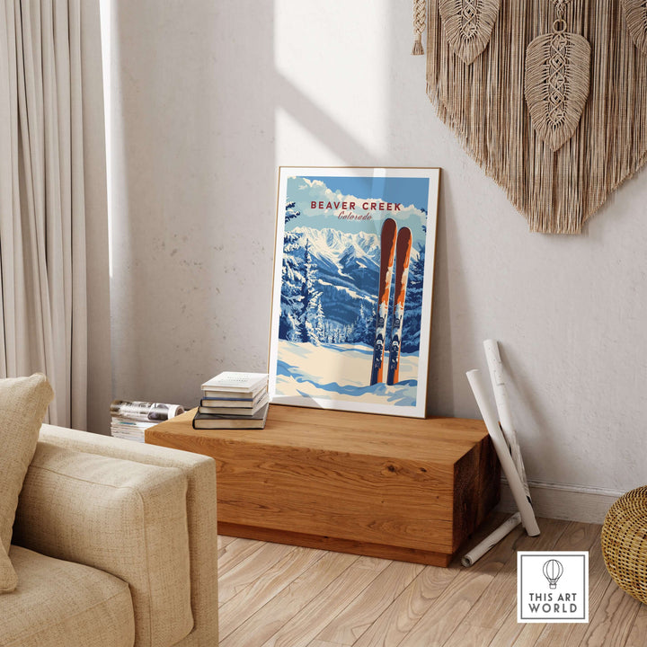Beaver Creek Colorado ski poster showcasing snowy mountains and vintage skis in a cozy indoor setting.