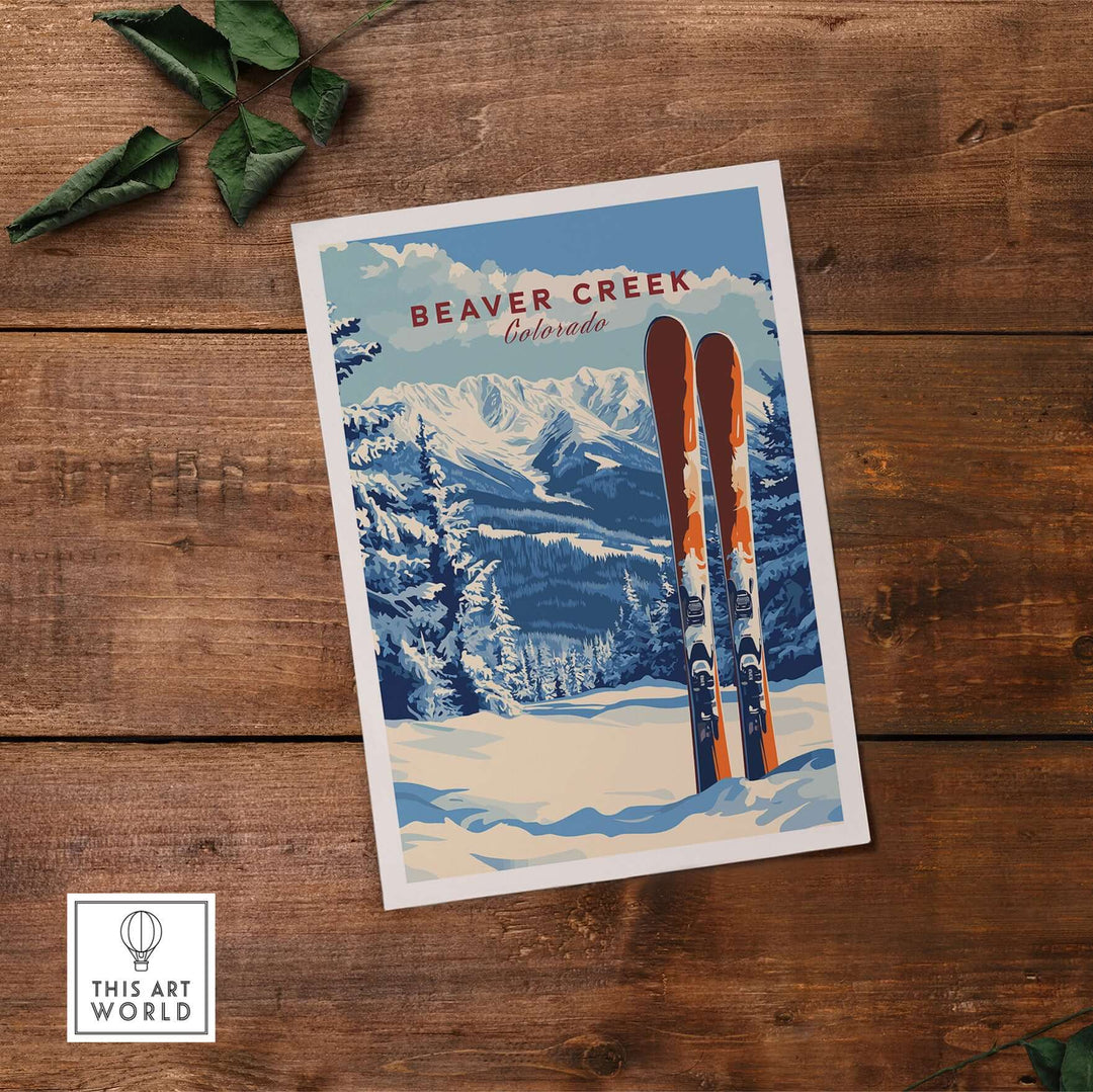 Beaver Creek Colorado ski poster featuring snowy slopes and mountains, perfect for winter sport lovers.