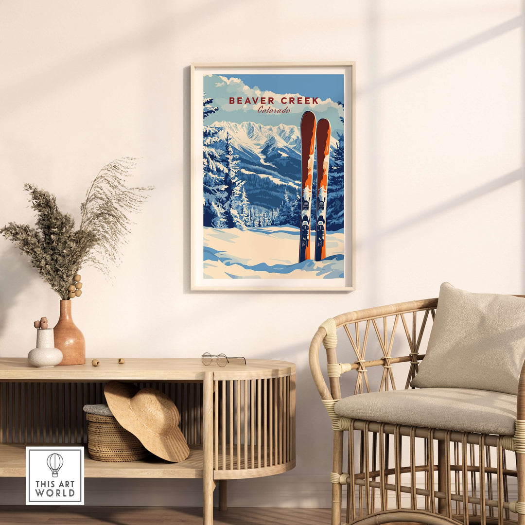 Beaver Creek Colorado ski poster featuring colorful skis and snowy mountain backdrop in a cozy interior setting.