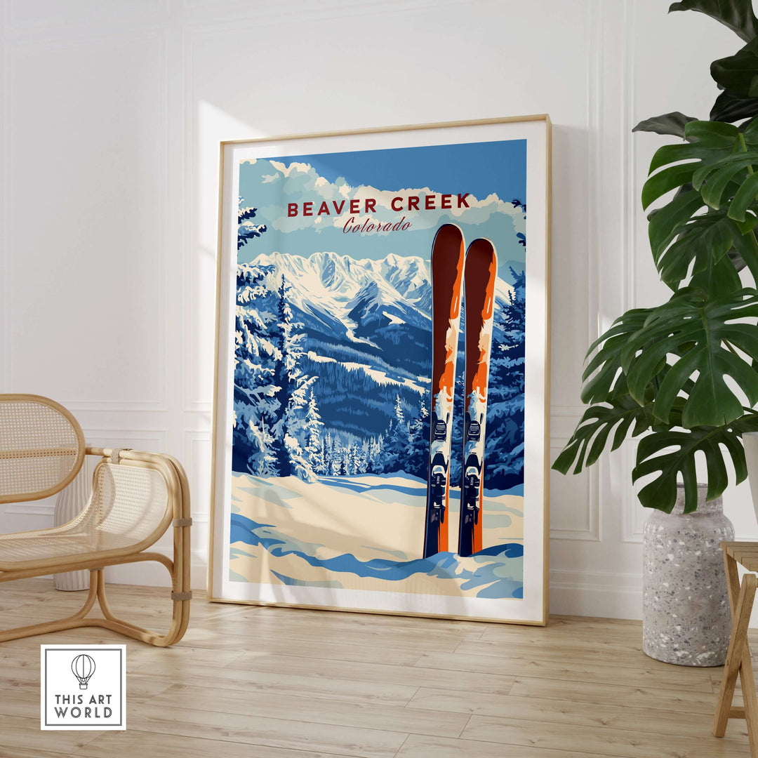 Beaver Creek Colorado ski poster showcasing winter mountains and skis in a stylish home decor setting.