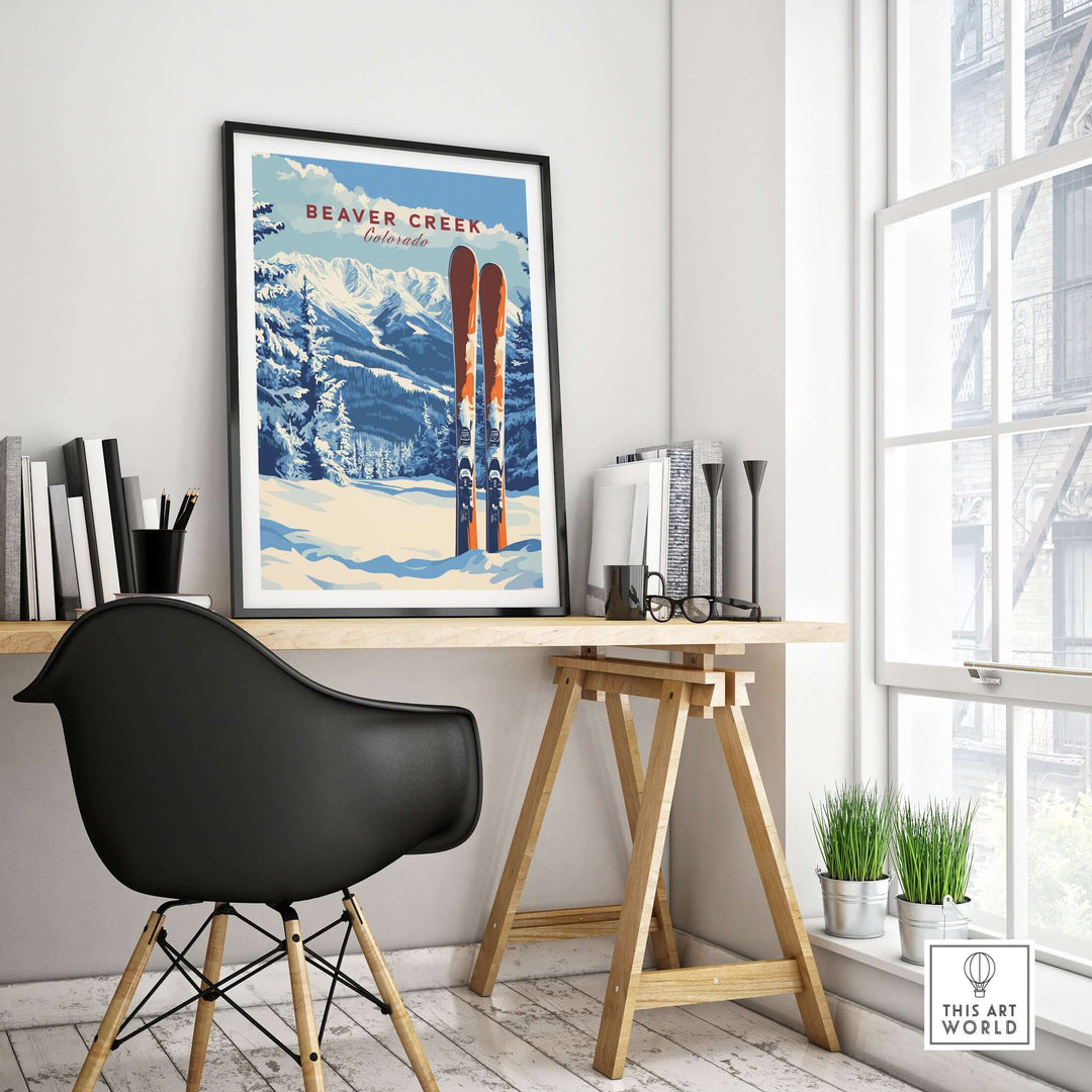 Beaver Creek Colorado ski poster in a modern workspace, showcasing snowy mountains and vintage ski design.