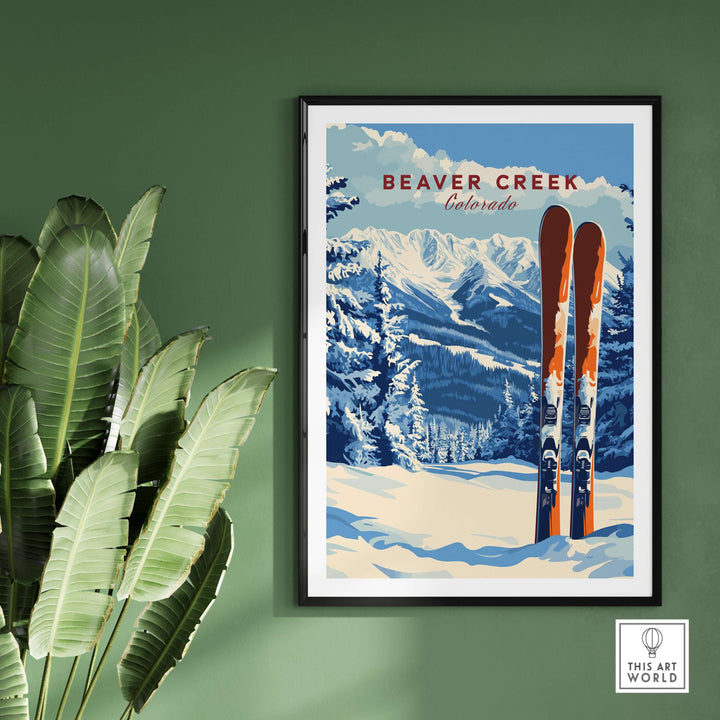Beaver Creek Colorado ski poster featuring snowy mountains and skis in winter art print.