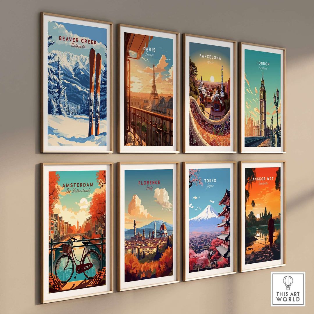 Collection of vibrant travel posters featuring Beaver Creek, Paris, Barcelona, London, Amsterdam, Florence, Tokyo, and Angkor Wat.