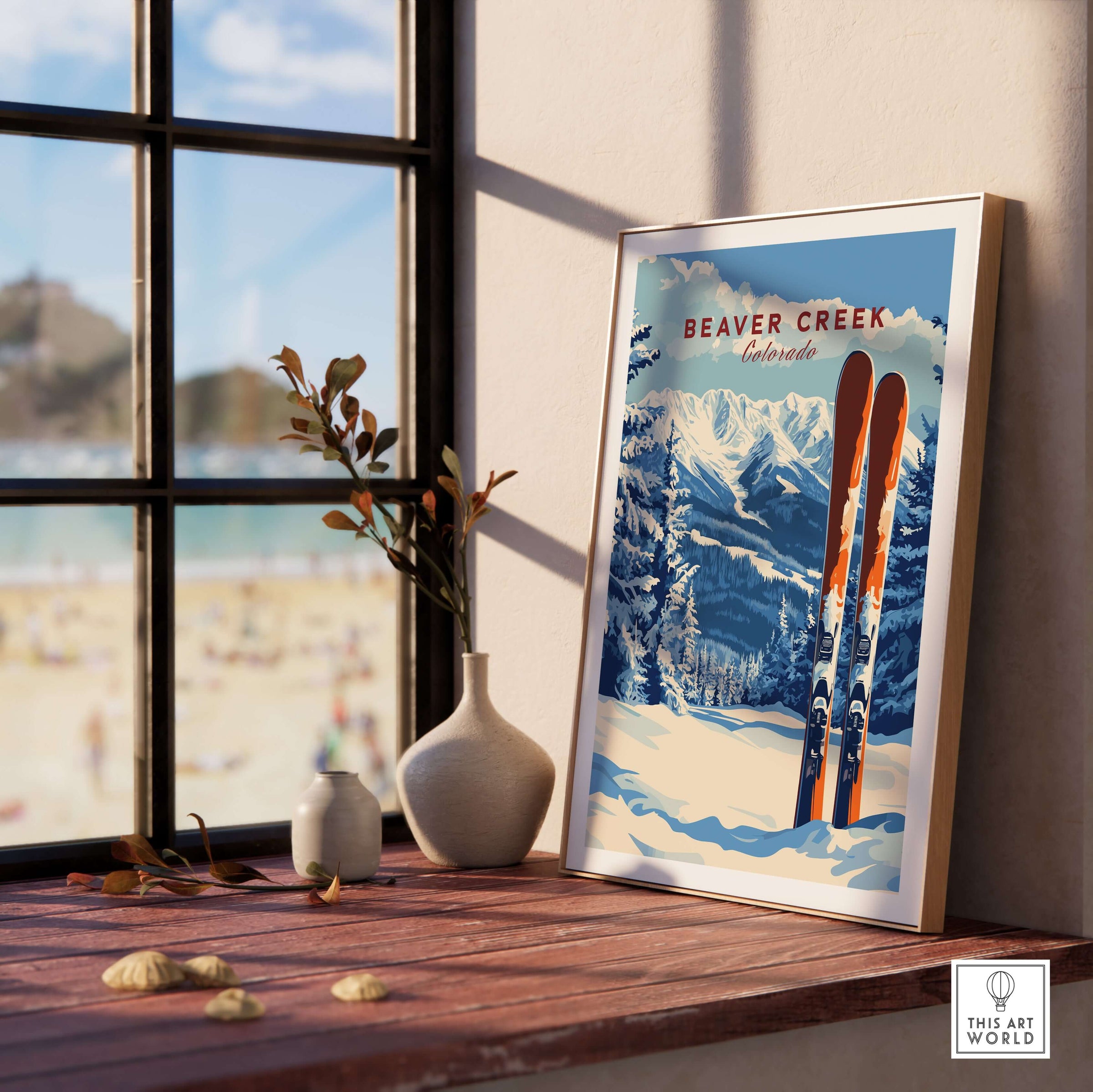 Beaver Creek Colorado Ski Poster - Rocky Mountain Winter Art Print displayed in a cozy interior with a view of snowy mountains.