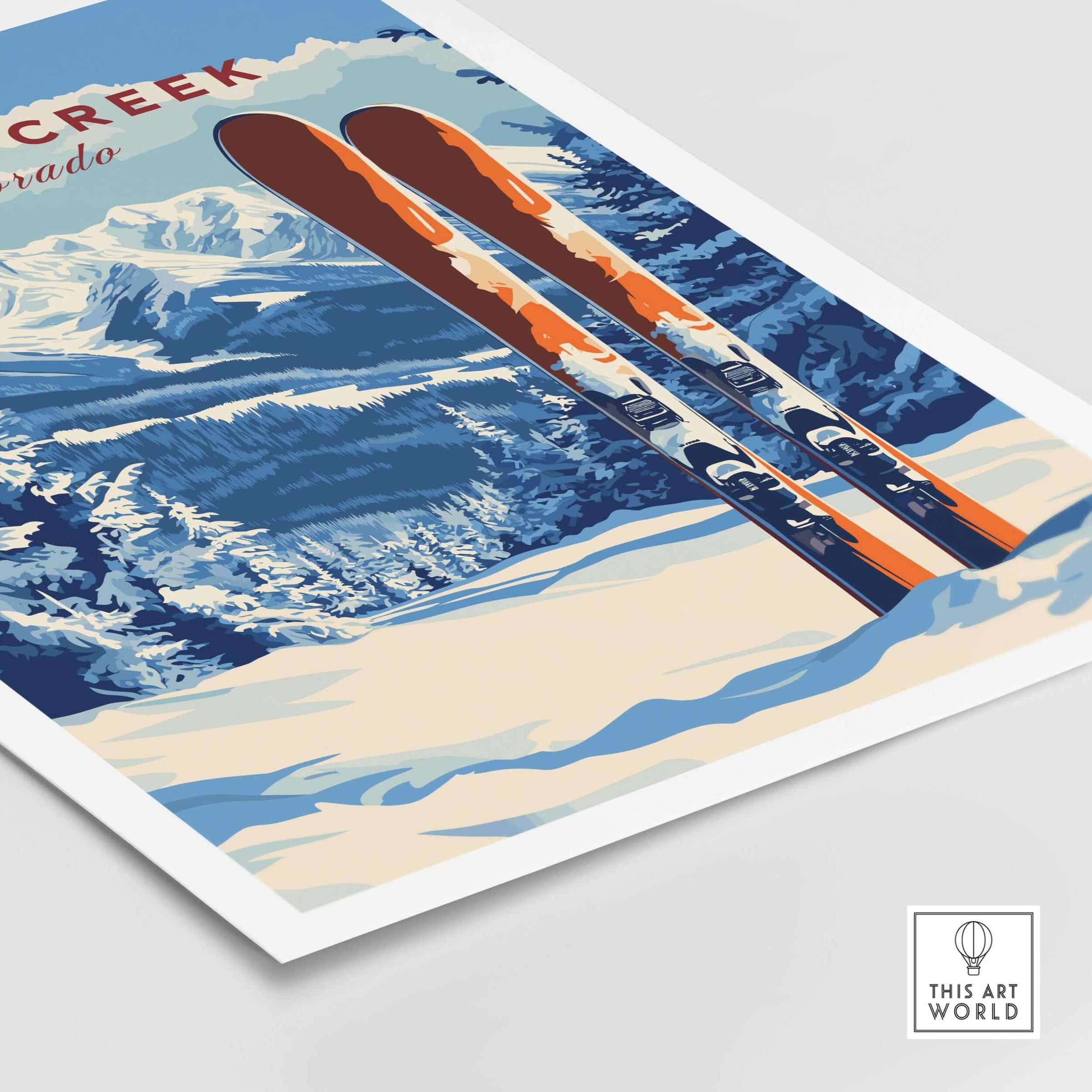 Beaver Creek Colorado Ski Poster - Rocky Mountain Winter Art Print featuring vibrant skis against a snowy mountain backdrop.