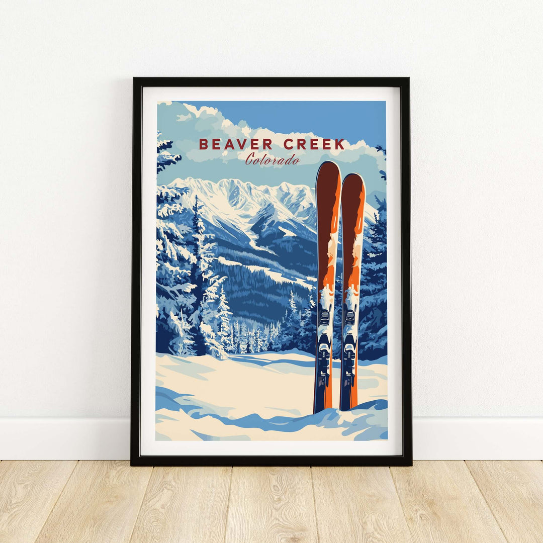 Beaver Creek Colorado ski poster featuring snowy mountains and skis, perfect for winter sports lovers.