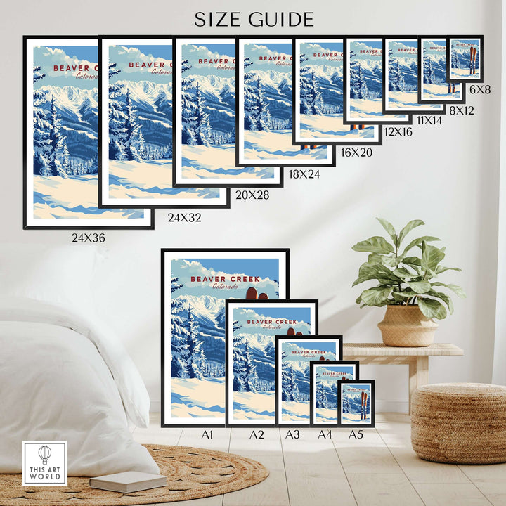 Size guide for Beaver Creek Colorado ski poster art prints showcasing various frame sizes and alpine scenery.