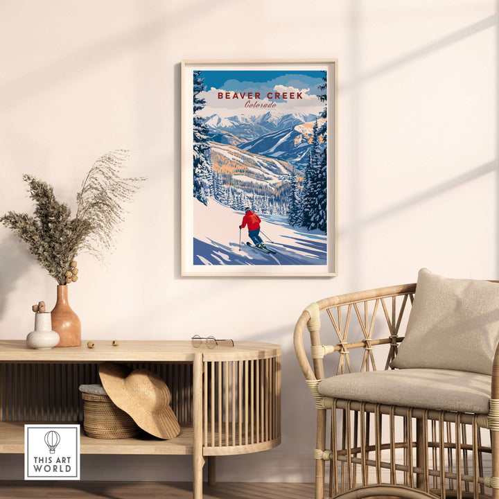 Beaver Creek Colorado downhill skier poster on a wall, showcasing winter sports art and alpine scenery.