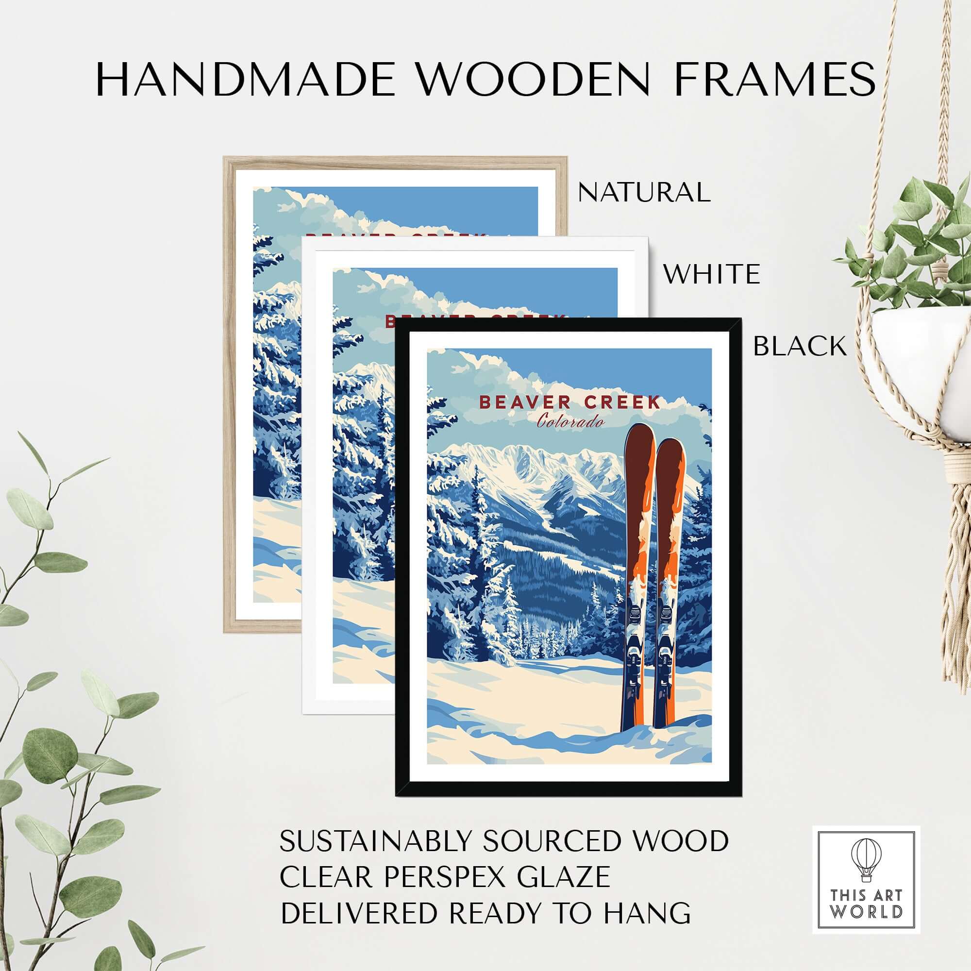 Beaver Creek Colorado Ski Poster - Rocky Mountain Winter Art Print in handmade wooden frames, ready to hang.