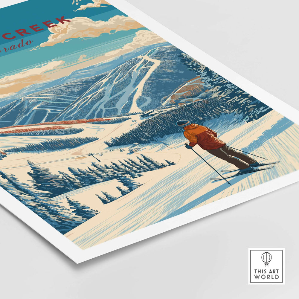Scenic Beaver Creek Colorado ski print featuring a skier on snowy slopes with mountain peaks in the background.
