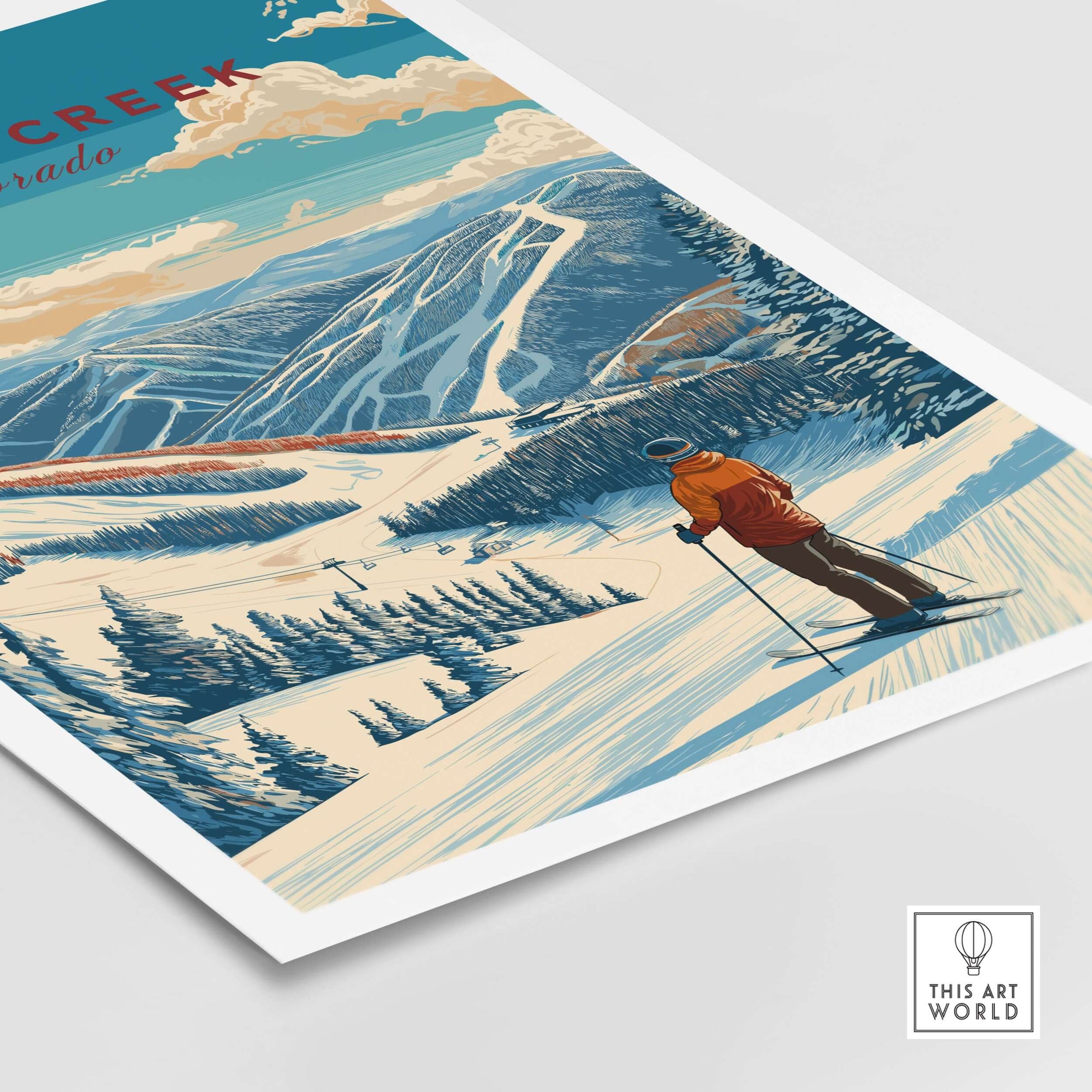 Beaver Creek Colorado Mountain View Ski Print - Scenic Slope Wall Art featuring a skier on a snowy mountain slope.