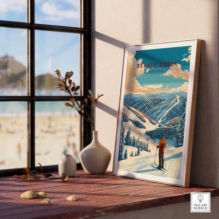 Framed Beaver Creek Colorado mountain view ski print, showcasing snowy slopes and vibrant scenery for wall art.