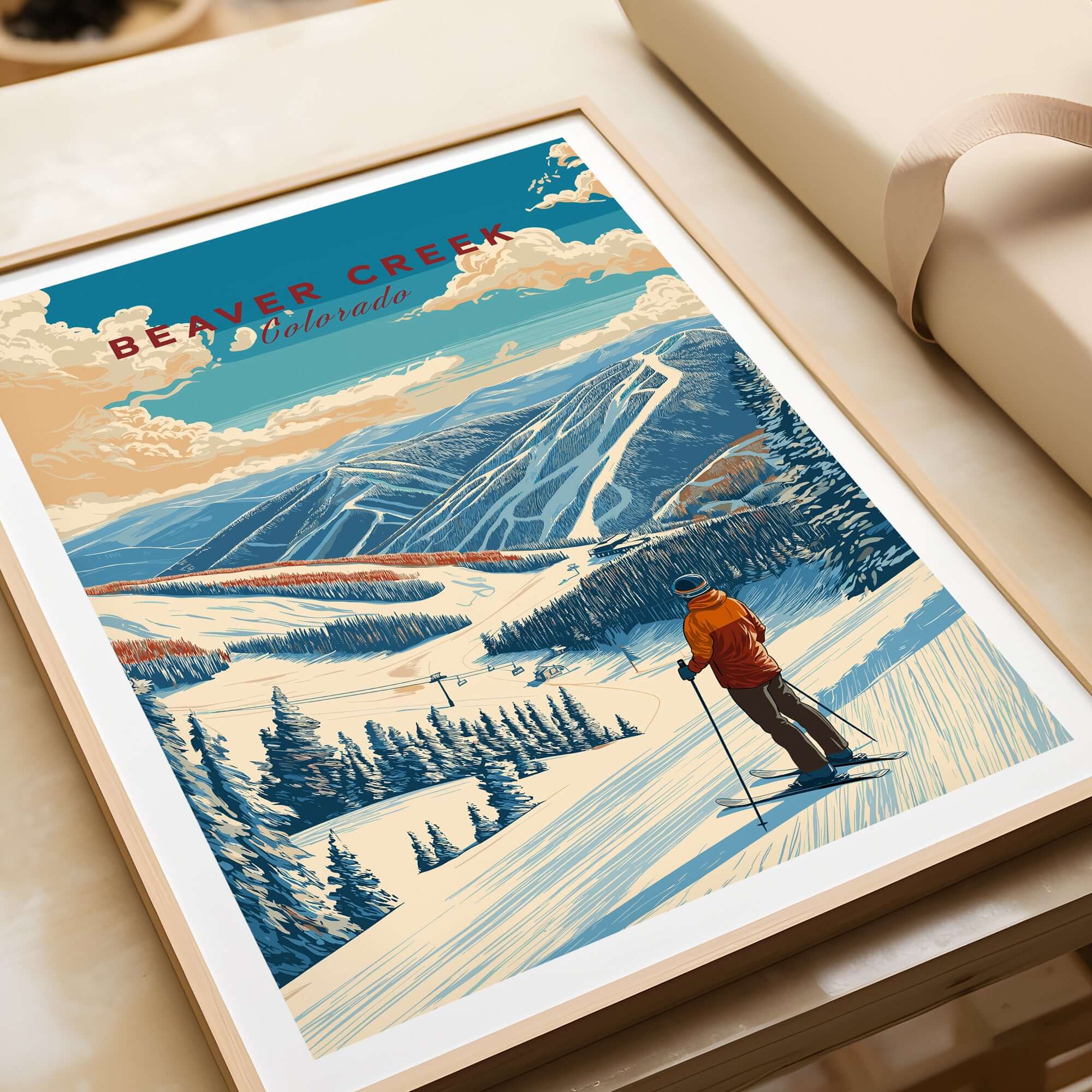 Beaver Creek Colorado Mountain View Ski Print - Scenic Slope Wall Art featuring a skier on a snowy slope.