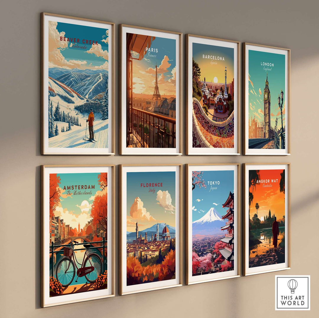 Gallery wall featuring city and mountain prints including Beaver Creek, Paris, Barcelona, London, Amsterdam, and more.