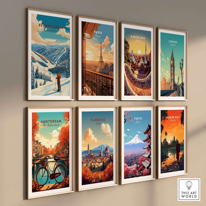 Gallery wall featuring city and mountain prints including Beaver Creek, Paris, Barcelona, London, Amsterdam, and more.