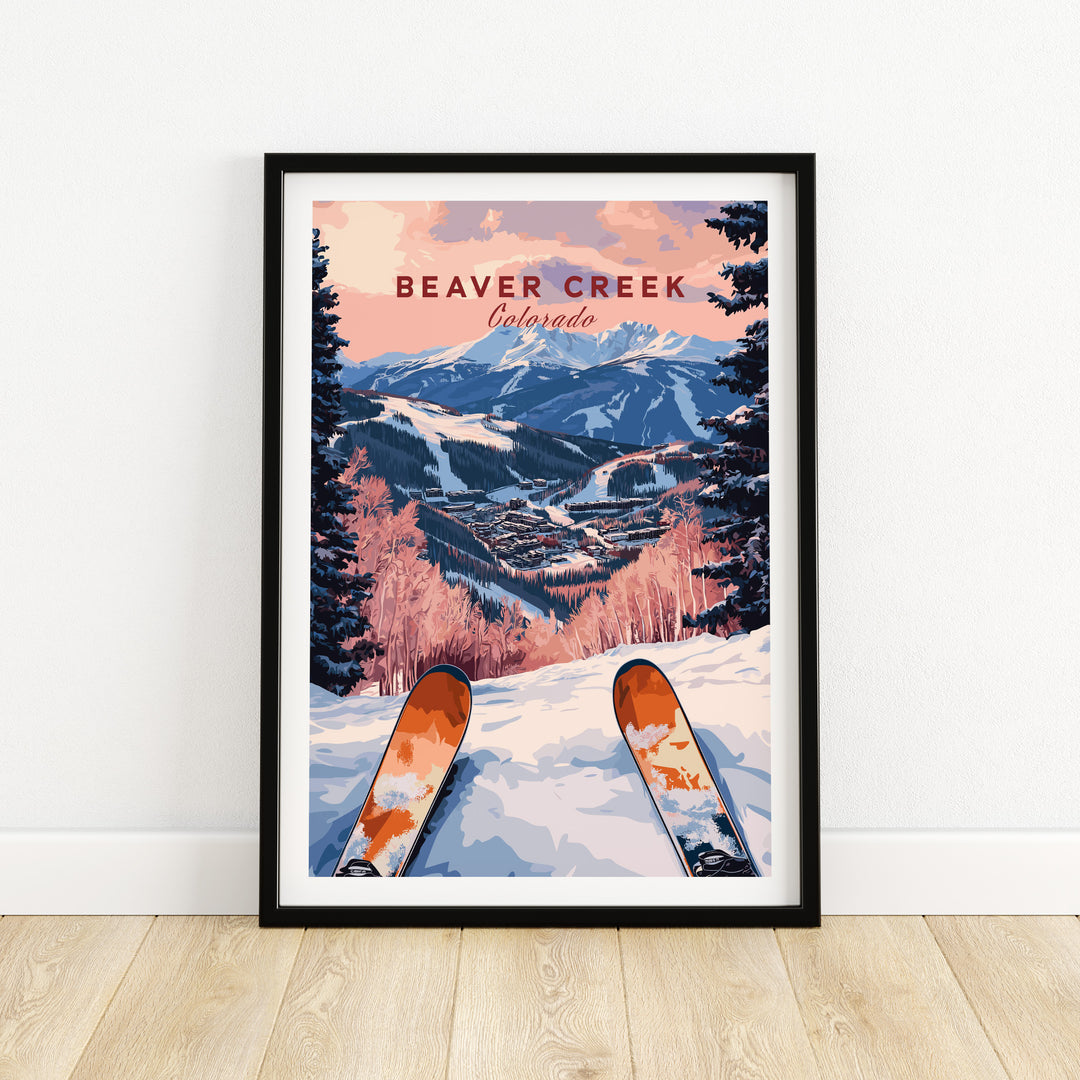 Beaver Creek Colorado ski resort view poster featuring snowy mountains and ski equipment, perfect for winter landscape lovers.