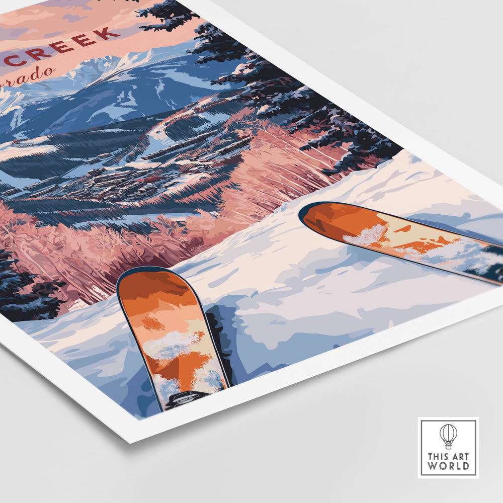 Beaver Creek Colorado Ski Resort view poster showcasing skis and snowy mountains, perfect winter wall art for mountain lovers.